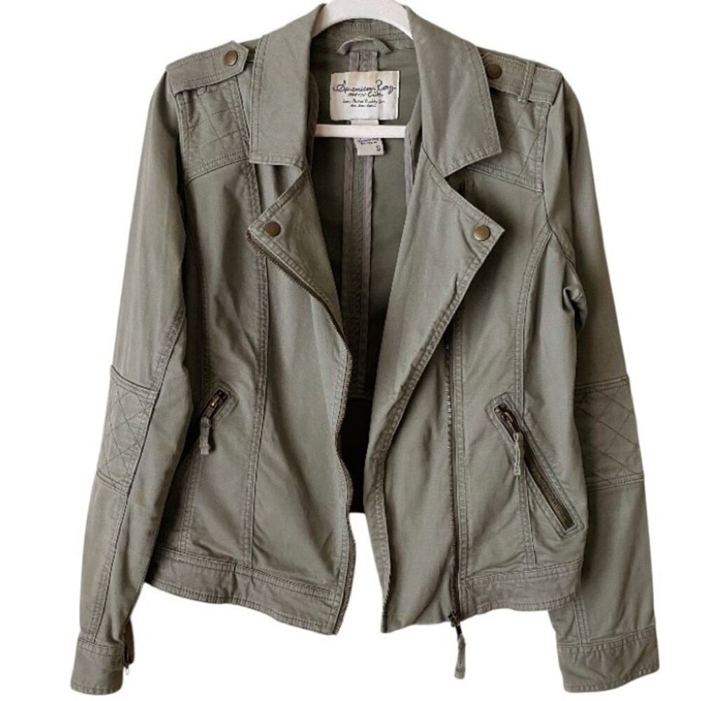 American Rag | Moto Denim Zip Jacket Boho Military Pockets Olive Green Small